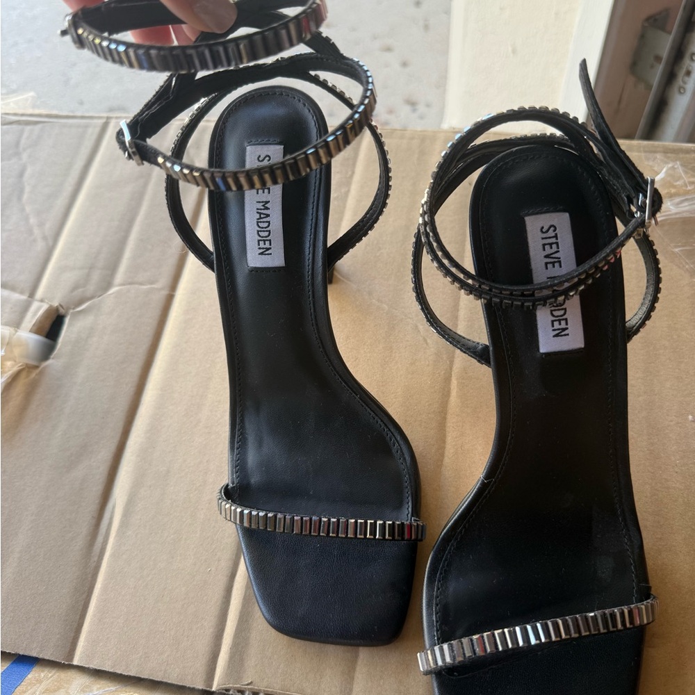 Steve Madden Black Strappy Heels with Silver Accents